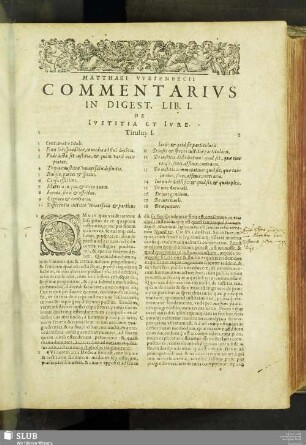 Matthaei Wesenbecii commentarius in digest. lib. I. de iustitia et iure, titulus I.