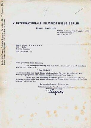 Brief von Berlinale-Festspielleitung an CCC, 26.08.1955