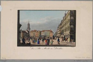 Der Altmarkt in Dresden aus der Schlossstraße nach Süden mit Blick in die Seestraße, links der Turm der Kreuzkirche