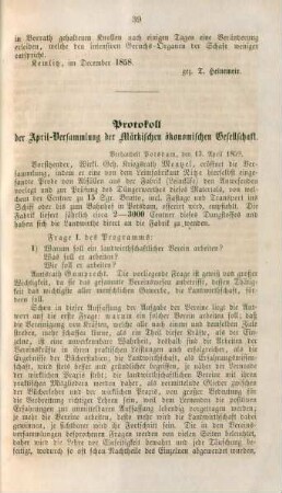Protokoll der April-Versammlung der Märkischen ökonomischen Gesellschaft.