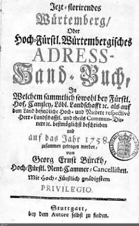 1758: Württembergisches Adressbuch, 1758
