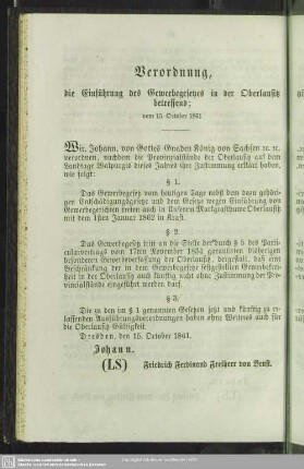 Verordnung, die Einführung des Gewerbegesetzes in der Oberlausitz betreffend; vom 15. October 1861