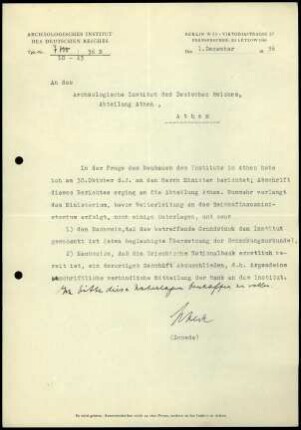M. Schede an DAI Athen