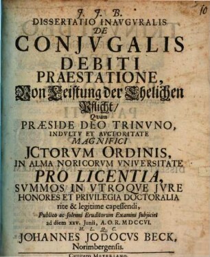 Dissertatio Inavgvralis De Conjvgalis Debiti Praestatione : = Von Leistung der Ehelichen Pflicht