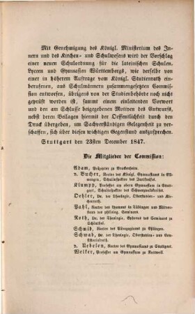 Entwurf einer neuen Schulordnung für die gelehrten Anstalten Württembergs : (lateinische Schulen, Lyceen, Gymnasien)