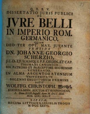 Dissertatio Juris Publici De Jvre Belli In Imperio Rom. Germanico