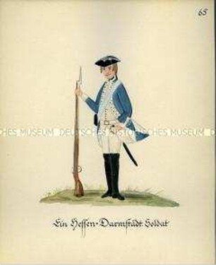 Uniformdarstellung, Infanterist, Landgrafschaft Hessen-Darmstadt, 1760/1761. Kopie der Originaltafel 65 aus Becher: Wahrhaftige Nachrichten.