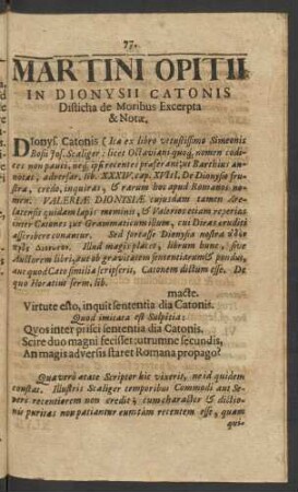 Martini Opitii In Dionysii Catonis Disticha de Moribus Excerpta & Notae