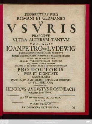 Differentias Ivris Romani Et Germanici In Vsvris : Praecipve Ultra Altervm Tantvm