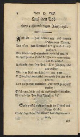 Auf den Tod eines ruhmwürdigen Jünglings