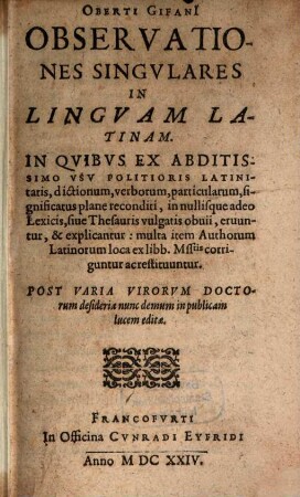 Oberti Gifani Observationes singulares in linguam Latinam