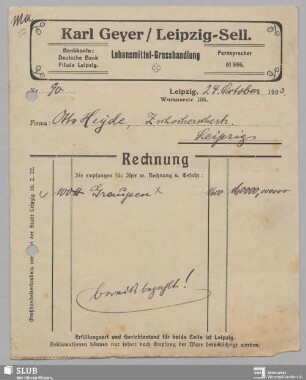 Karl Geyer, Leipzig-Sell., Lebensmittel-Grosshandlung : Rechnung
