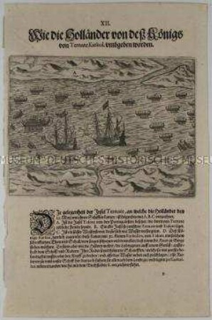 Wie die Holländer von den Kerkollen des Königs von Ternate umgeben wurden - Tafel 12 aus de Bry, India II