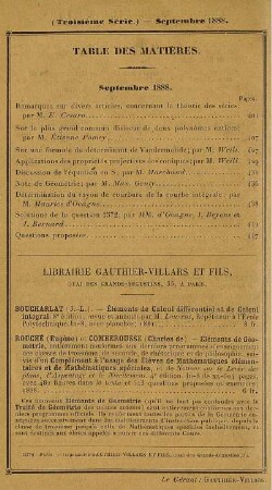 Table des matières. Septembre 1888.