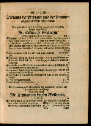 Ordnung der Predigten und der darinnen abgehandelten Materien.