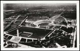 Reichssportfeld (Olympia-Stadion), Berlin: Perspektivische Ansicht (Vogelschau) der Gesamtanlage von Südwesten nach Nordosten, (identisch mit Inv.nr. F 5334)