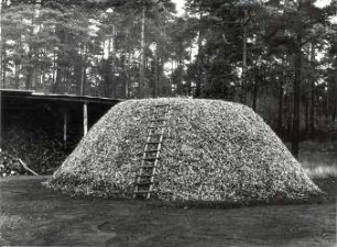 Holzkohlenherstellung in Rietschen, Kohlenmeiler : Handwerkstechniken - Kohlen- und Pechbrennerei. Ort: Rěčicy / Rietschen. Kohlenmeiler. Vgl. Lětopis C 9 (1966).