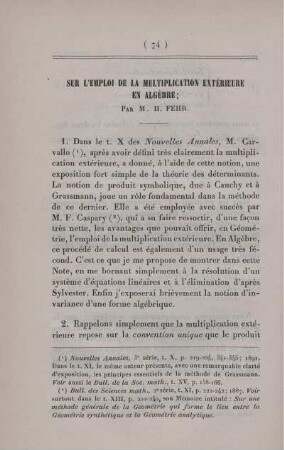 Sur l'emploi de la multiplication extérieure en algèbre.