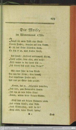 Die Meise, im Wintermonat 1780