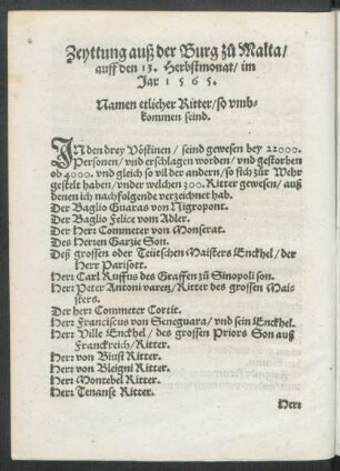 Zeyttung auß der Burg zu Malta/ auff den 13. Herbstmonat/ im Jar 1565.