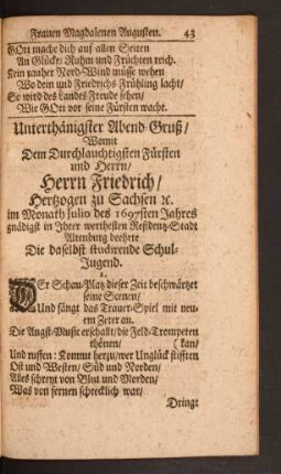 Unterthänigster Abend=Gruß/ Womit Dem Durchlauchigsten Fürsten und Herrn/ Herrn Friedrich/ Hertzogen zu Sachsen ...
