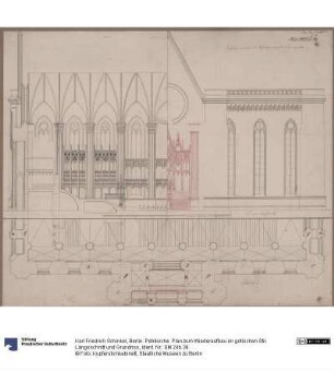 Berlin. Petrikirche. Plan zum Wiederaufbau im gotischen Stil. Längsschnitt und Grundriss