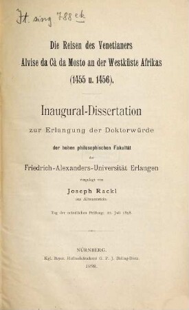 Die Reisen des Venetianers Alvise da Cà da Mosto an der Westküste Afrikas : (1455 u. 1456)