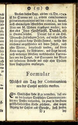 Formular Welches am Tag der Communion von der Cantzel verlesen worden.