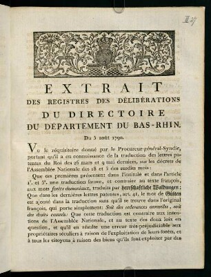 1-4, Extrait Des Registres Des Délibérations Du Directoire Du Département Du Bas-Rhin