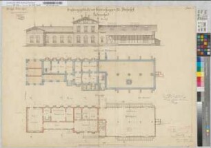 Empfangsgebäude mit Güterschuppen für Bahnhof Lüdenscheid: Blatt 1: Grundrisse, Ansicht, M. 1:100 Stnr.: 80, Hge, Bunr.: 3, Blnr.: 1