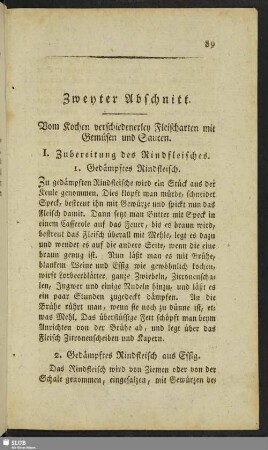 Zweyter Abschnitt. Vom Kochen verschiedenerley Fleischarten mit Gemüsen und Saucen