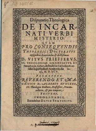 Disputatio theologica de incarnati verbi mysterio