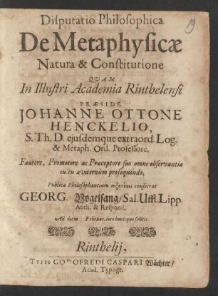 Disputatio Philosophica De Metaphysicae Natura & Constitutione