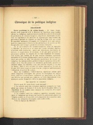 Chronique de la politique indigène.