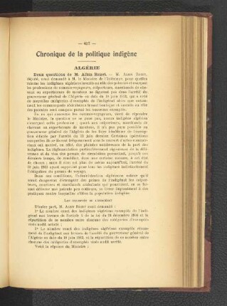 Chronique de la politique indigène.