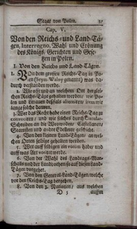 Cap. V. Von den Reichs- und Land-Tägen, Interregno, Wahl und Crönung des Königs, Gerichten und Gesetzen in Polen.