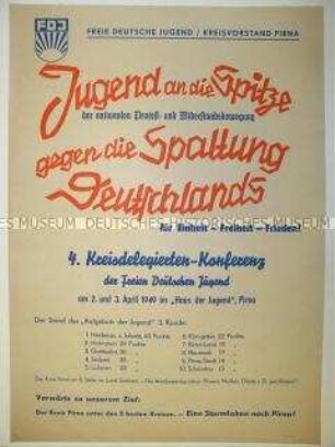 Maueranschlag der FDJ Pirna mit Ankündigung der 4. Kreisdelegierten-Konferenz; Punktestand des "Aufgebots der Jugend"