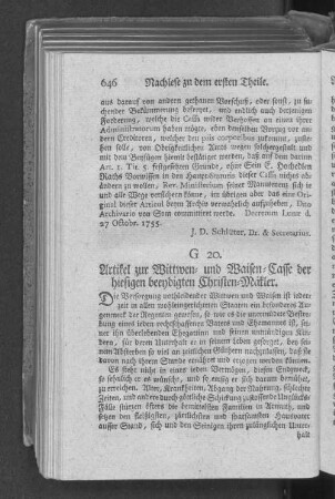 G 20. Artikel zur Wittwen= und Waisen=Casse der hiesigen beeydigten Christen=Mäkler.