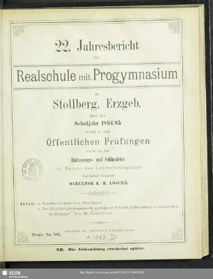 22.1894/95: Jahresbericht der Realschule mit Progymnasium zu Stollberg i. Erzgeb. : über das Schuljahr ...
