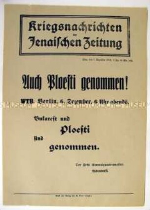 Nachrichtenblatt der "Jenaischen Zeitung" zur Einnahme von Ploesti
