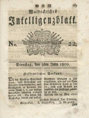 No. 22, Dienstag, den 3ten Juny 1800