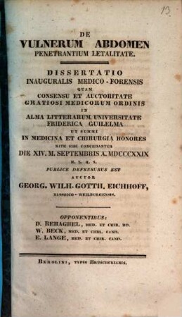 De vulnerum abdomen penetrantium letalitate : Diss. inaug. med. forens.