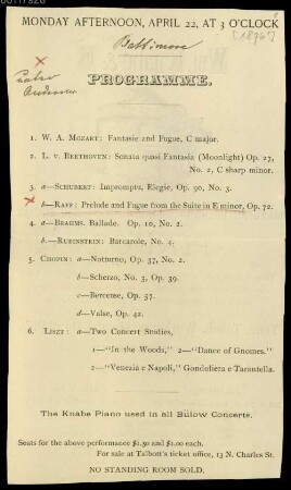 Joseph Joachim (1822-1882) und Helene Raff (1865-1942) Nachlass: Programmzettel zu Konzerten Hans von Bülows - teilweise mit Aufführungen von Werken Joachim Raffs - BSB Raffiana III.21