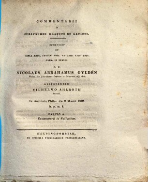 Commentarii in scriptores Graecos et Latinos, Partic. 9.. Commentarii in Sallustium