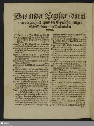 Das ander Register, drinnen verzeichnet seynd die Sprüche heiliger Schrifft, so in diesem Buch erkläret werden