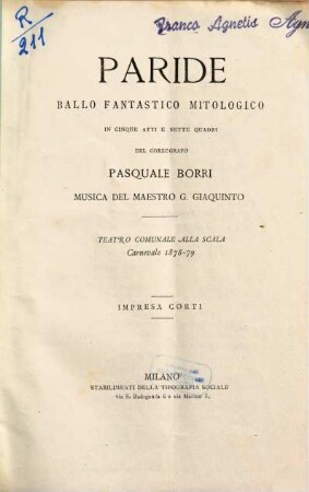 Paride : ballo fantastico mitologico in cinque atti e sette quadri ; Teatro Comunale alla Scala, carnevale 1878 - 79