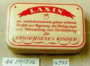 Blechdose für "LAXIN das wohlschmeckende, gelind wirkende Konfekt zur Regelung des Stuhlganges und Vermeidung von Verstopfung für ERWACHSENE UND KINDER"