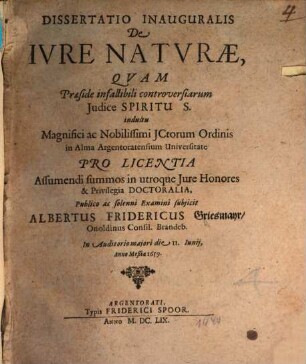 Dissertatio Inauguralis De Iure Naturae
