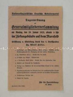 Einladung und Tagesordnung zu einer Versammlung der NSDAP mit Hitler