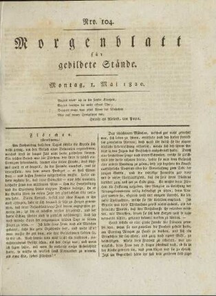 Nro. 104. Montag, 1. Mai 1820. - Nro. 109. Sonnabend, 6. Mai 1820.
